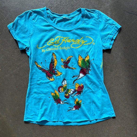 Ed Hardy Turquoise Tee with Butterfly Design - Picture 1 of 5